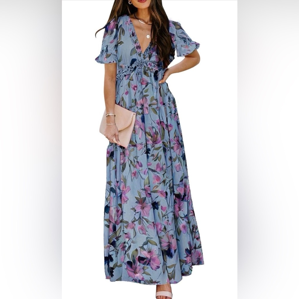 BLENCOT Women’s Boho Floral V-Neck Short Sleeve Maxi Dress 🌸 Size XL